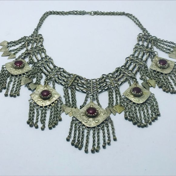Vintage Dangling Five Pendant Handmade Necklace, Antique Silver Kuchi necklace - Picture 5 of 11